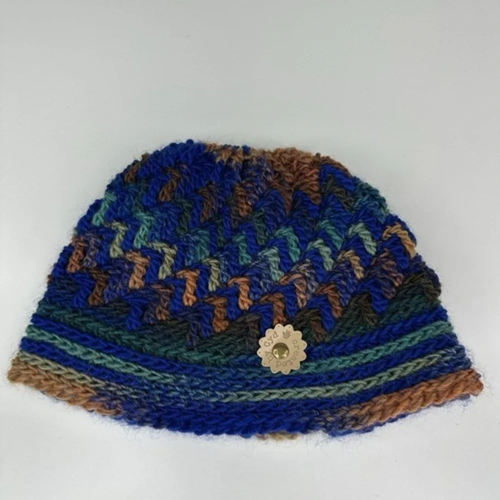 Created by Cyd Handmade Crochet Beanie Hat Blue Green Brown Boho Knit Cap NEW